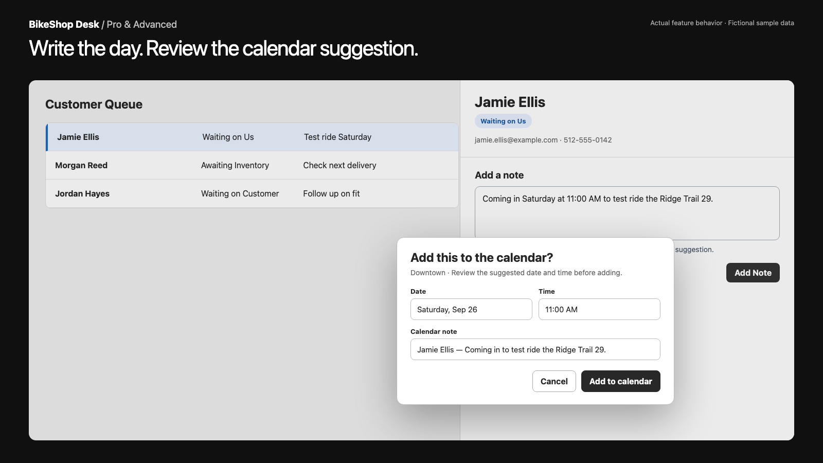 BikeShop Desk detecting Saturday in a customer note and asking staff to review a suggested calendar entry