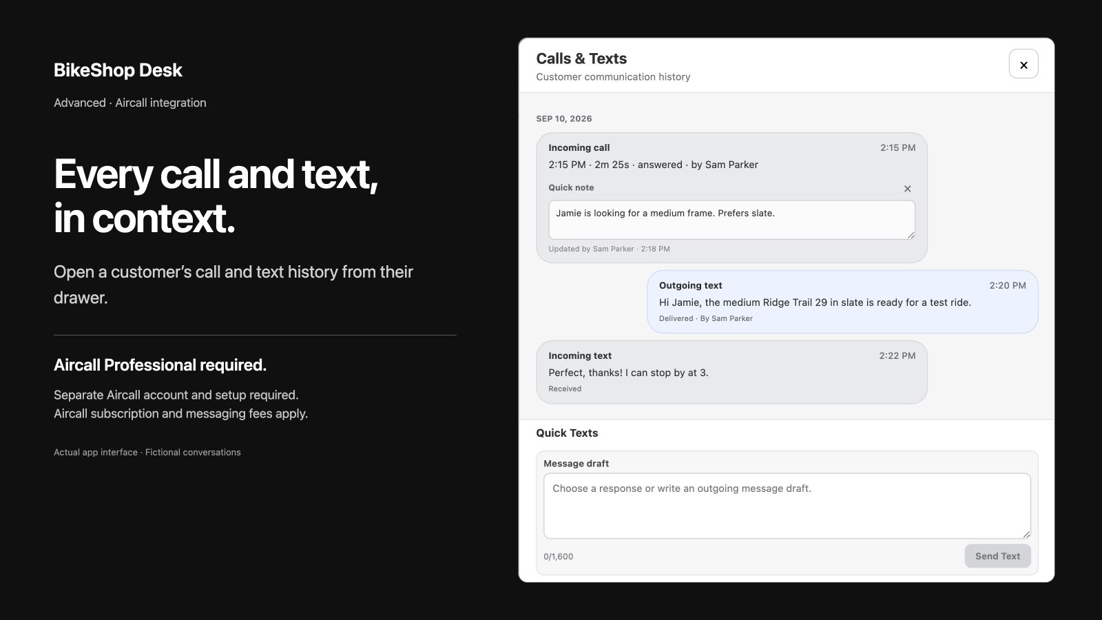 Advanced call and text history shown inside the customer drawer