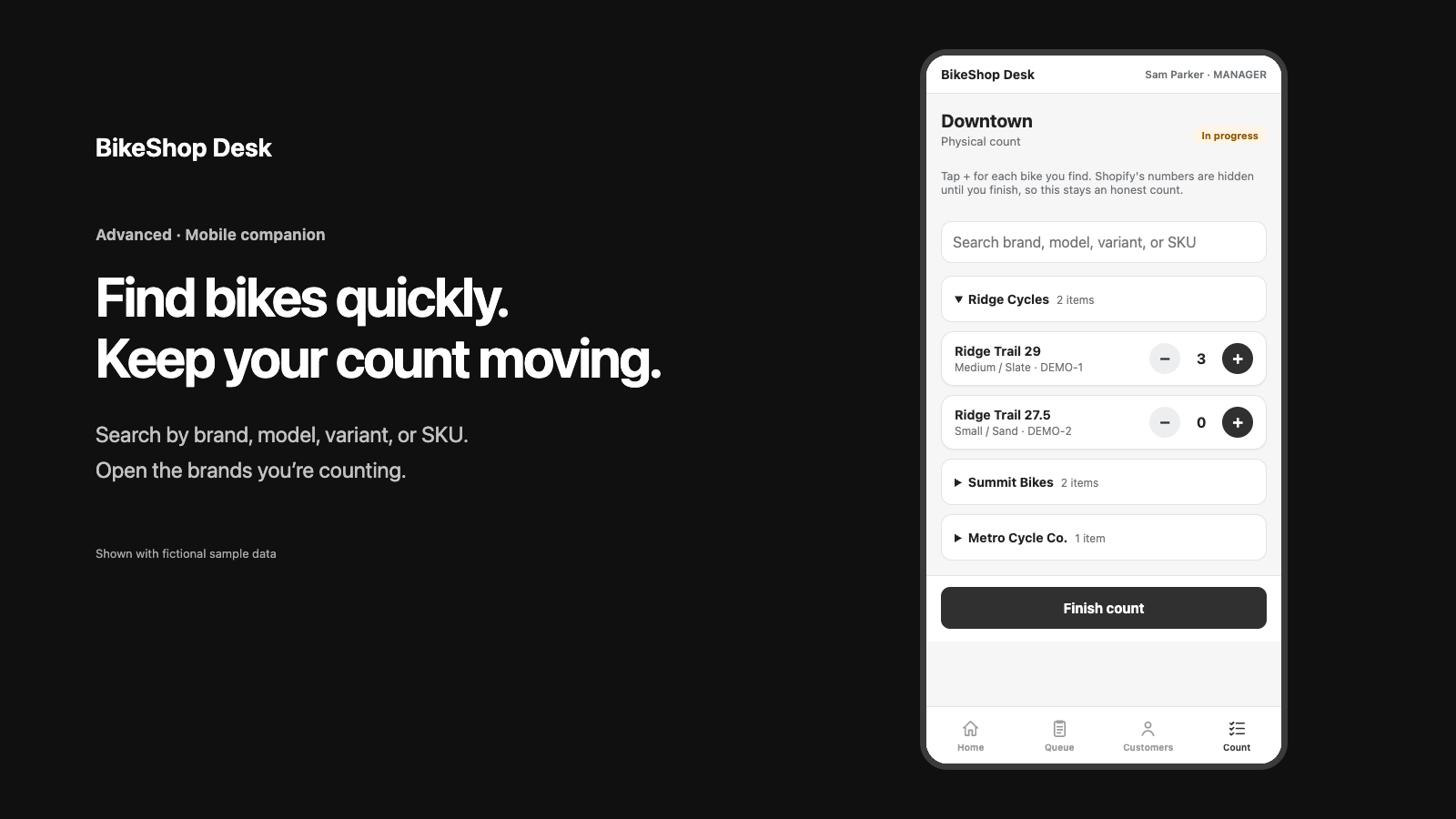 Mobile inventory count screen with search and collapsible brand groups